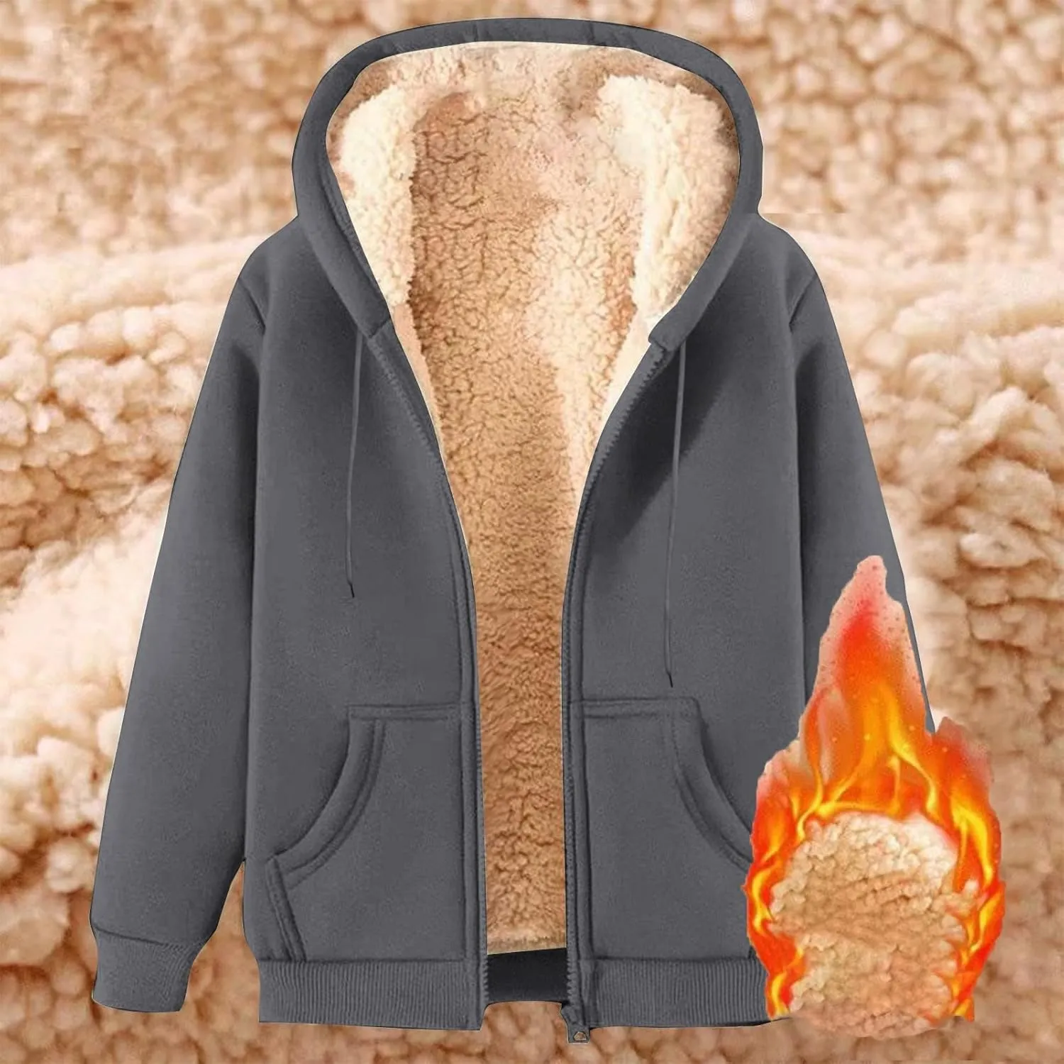Winter Hooded Coats for Men Fleece Lined Jackets Zip Up Hoodie Sweatshirts Warm Sherpa Jacket Casual Outerwear