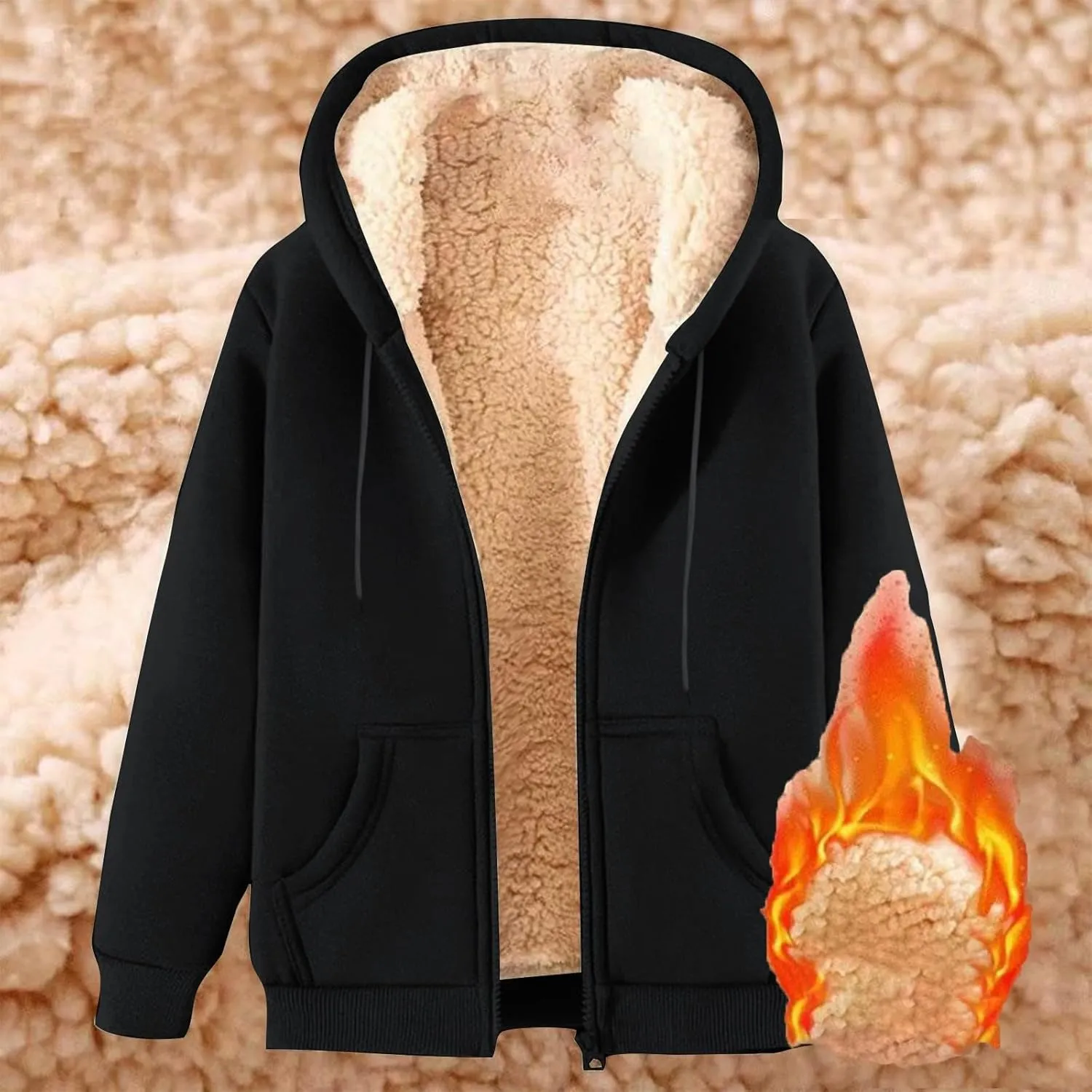 Winter Hooded Coats for Men Fleece Lined Jackets Zip Up Hoodie Sweatshirts Warm Sherpa Jacket Casual Outerwear