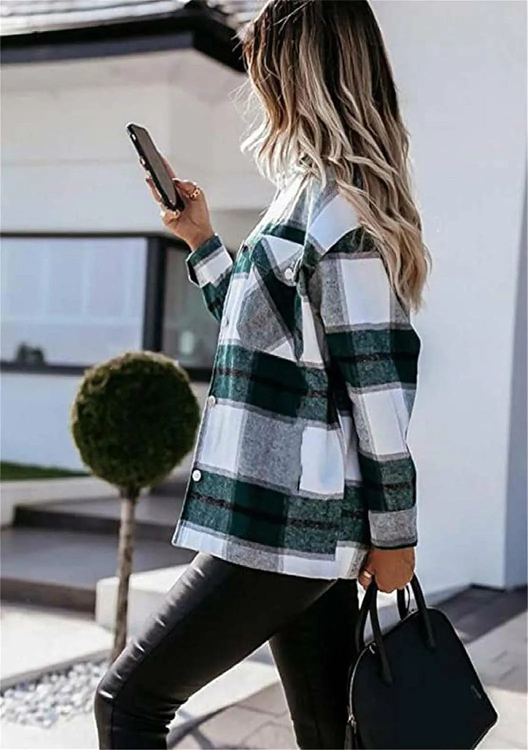 WIWIQS Women's Button Down Lapel Long Sleeve Shacket Long Sleeve Flannel Shirt with Pockets