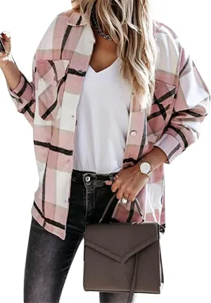 WIWIQS Women's Button Down Lapel Long Sleeve Shacket Long Sleeve Flannel Shirt with Pockets