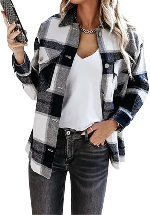 WIWIQS Women's Button Down Lapel Long Sleeve Shacket Long Sleeve Flannel Shirt with Pockets