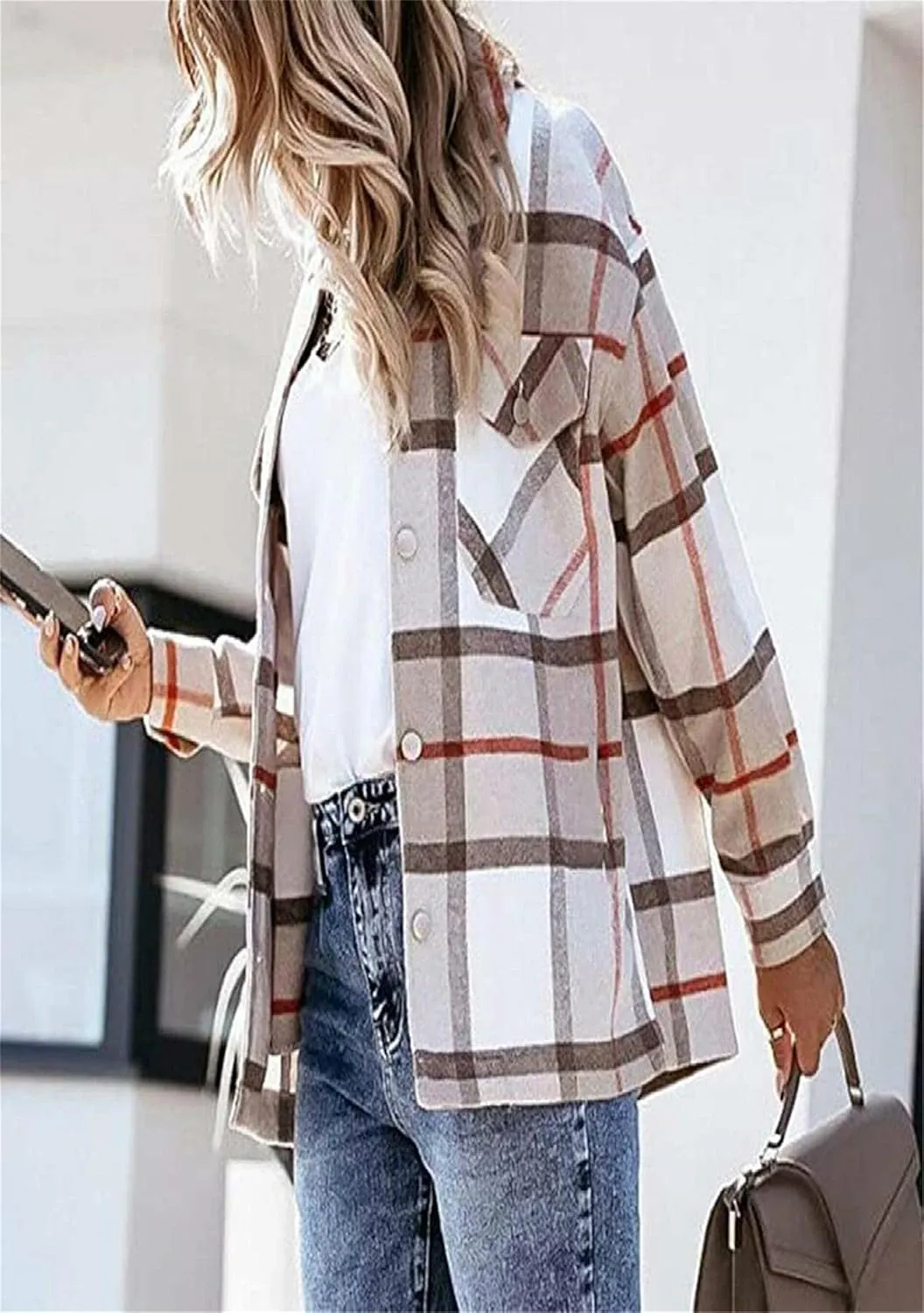WIWIQS Women's Button Down Lapel Long Sleeve Shacket Long Sleeve Flannel Shirt with Pockets