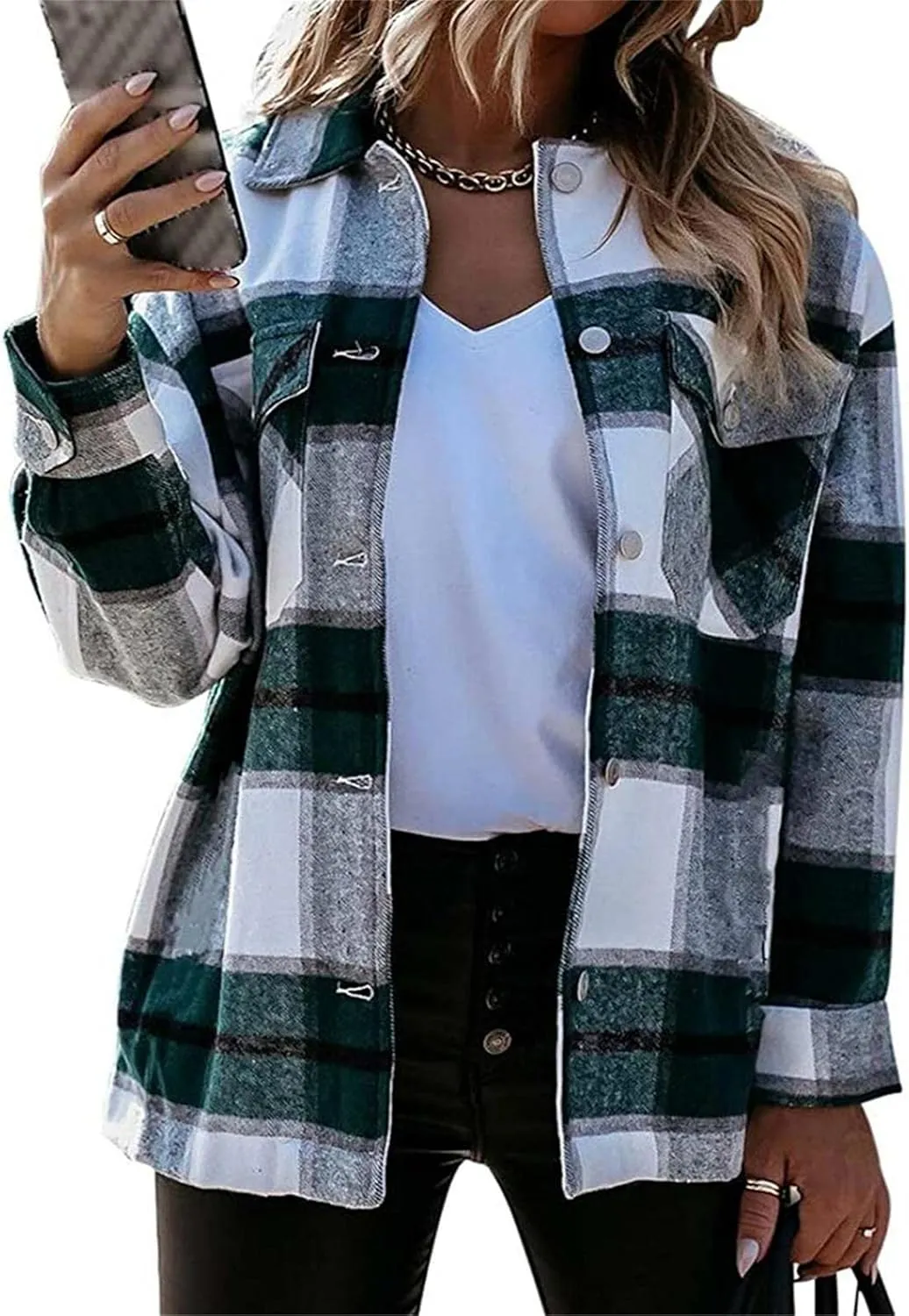 WIWIQS Women's Button Down Lapel Long Sleeve Shacket Long Sleeve Flannel Shirt with Pockets