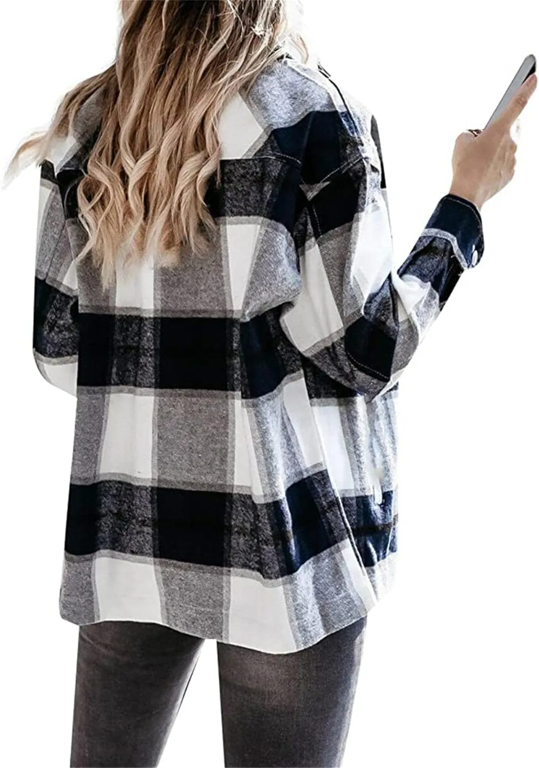 WIWIQS Women's Button Down Lapel Long Sleeve Shacket Long Sleeve Flannel Shirt with Pockets