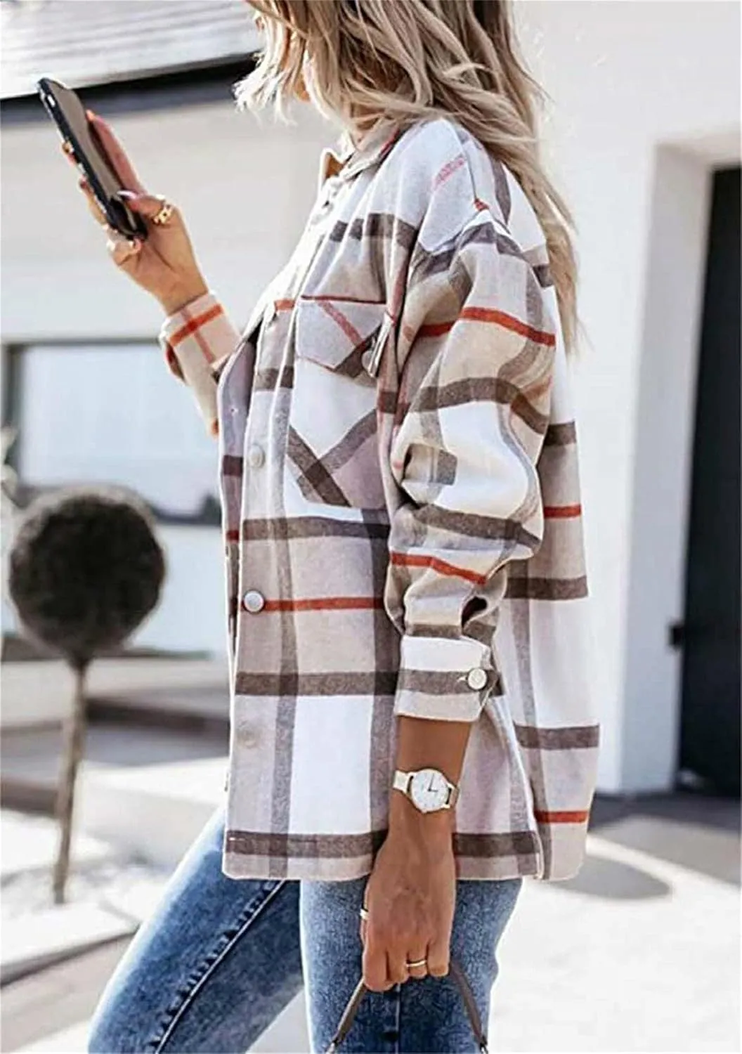WIWIQS Women's Button Down Lapel Long Sleeve Shacket Long Sleeve Flannel Shirt with Pockets