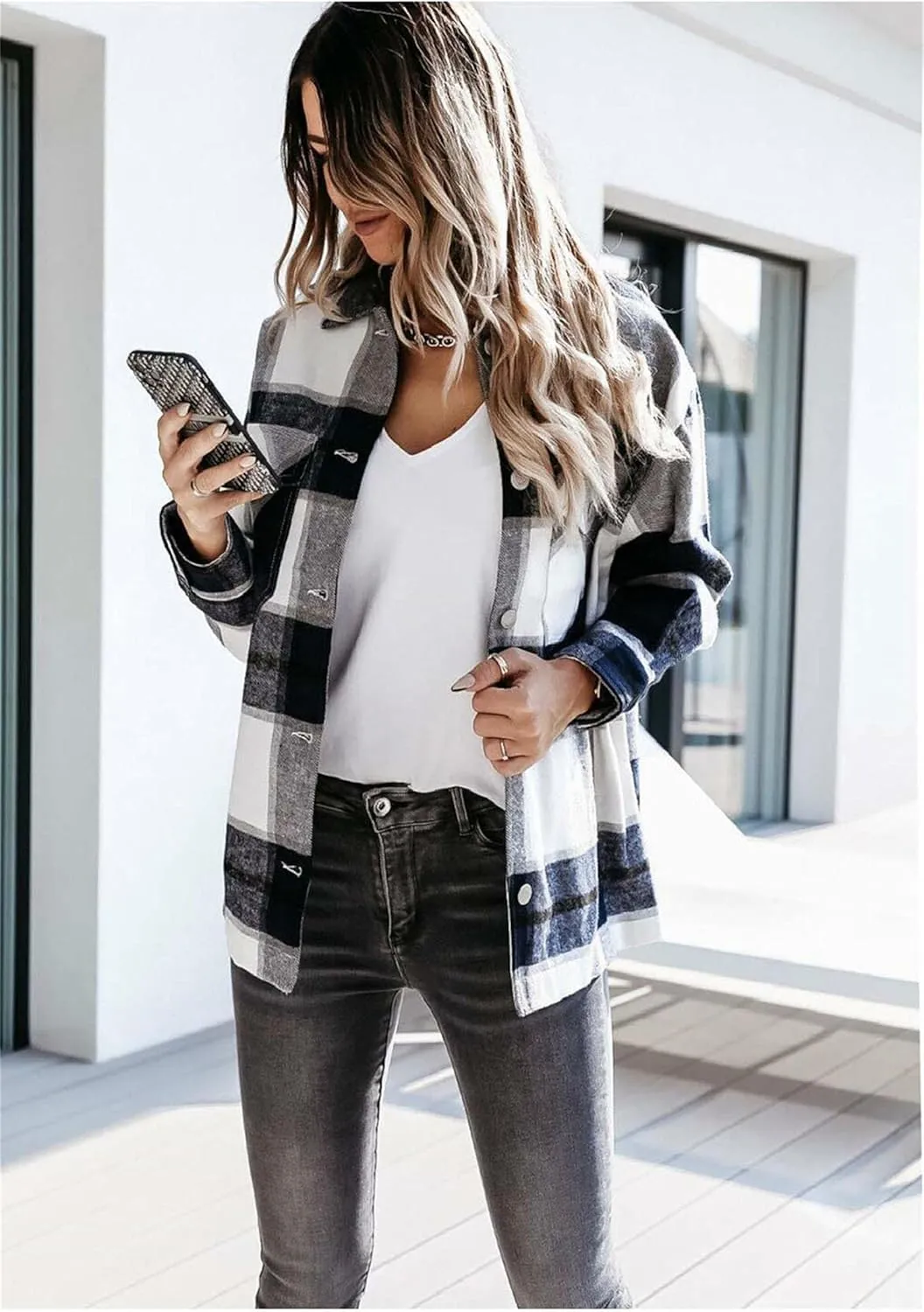 WIWIQS Women's Button Down Lapel Long Sleeve Shacket Long Sleeve Flannel Shirt with Pockets
