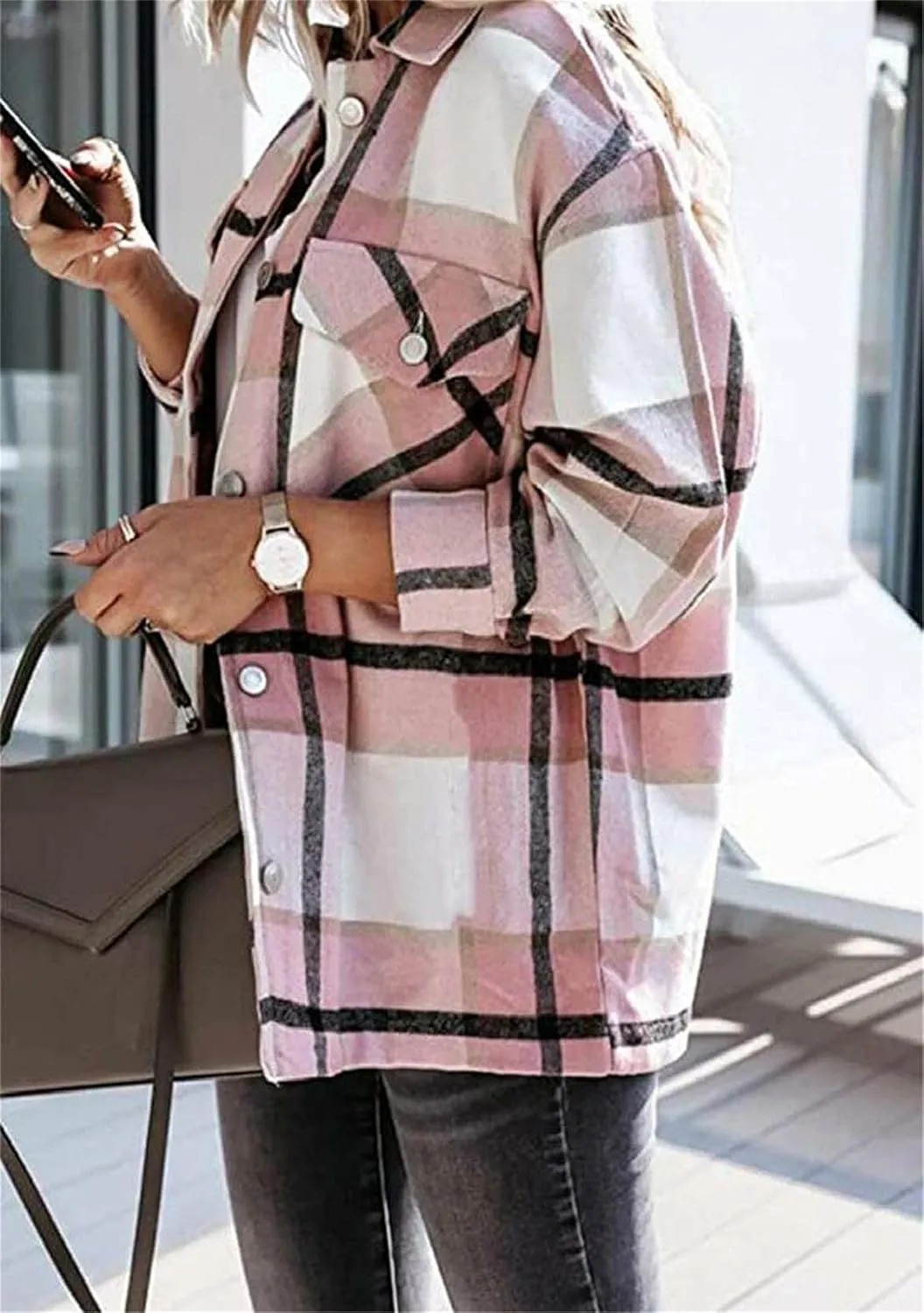 WIWIQS Women's Button Down Lapel Long Sleeve Shacket Long Sleeve Flannel Shirt with Pockets
