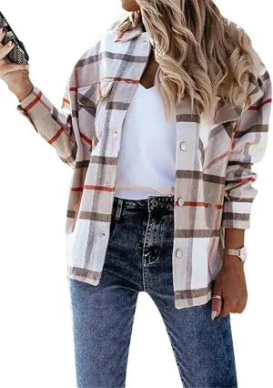 WIWIQS Women's Button Down Lapel Long Sleeve Shacket Long Sleeve Flannel Shirt with Pockets