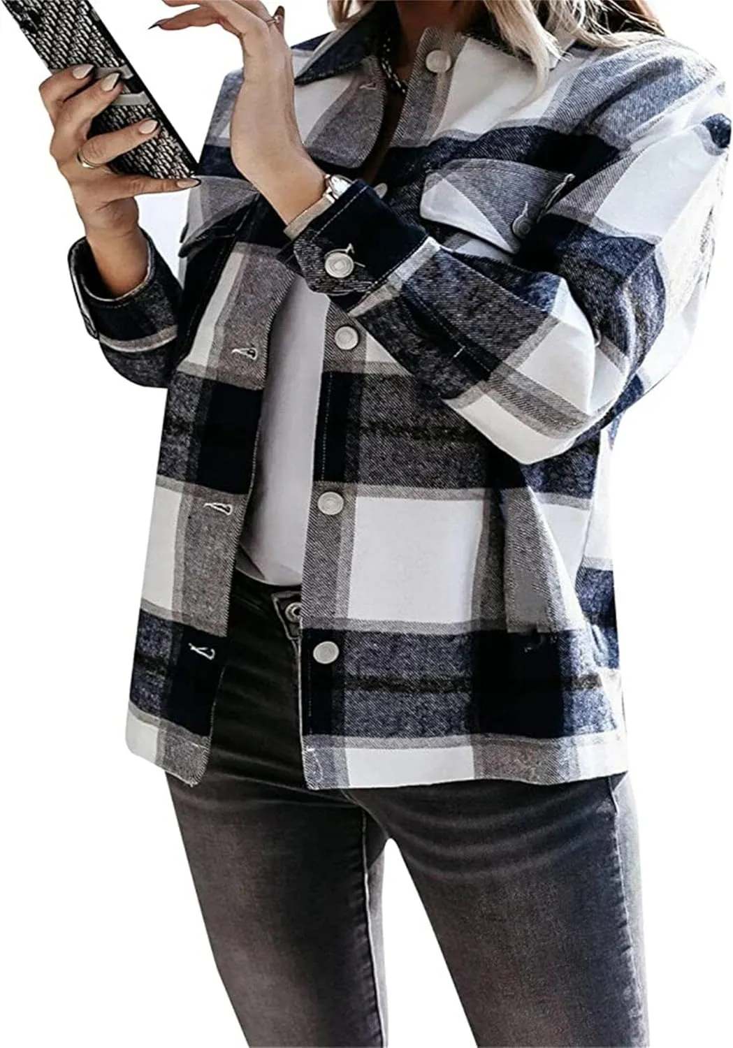 WIWIQS Women's Button Down Lapel Long Sleeve Shacket Long Sleeve Flannel Shirt with Pockets