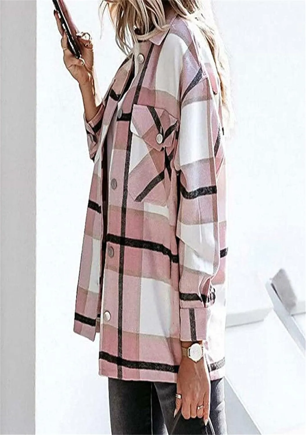 WIWIQS Women's Button Down Lapel Long Sleeve Shacket Long Sleeve Flannel Shirt with Pockets