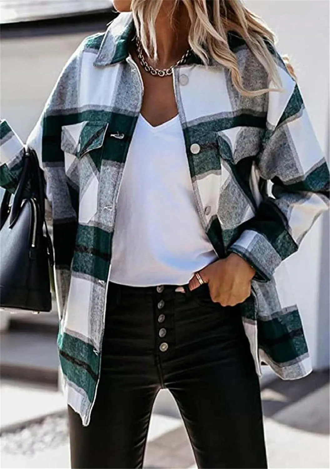 WIWIQS Women's Button Down Lapel Long Sleeve Shacket Long Sleeve Flannel Shirt with Pockets
