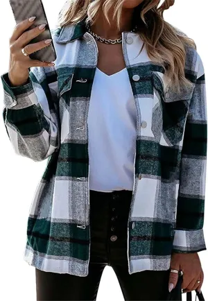 WIWIQS Women's Button Down Lapel Long Sleeve Shacket Long Sleeve Flannel Shirt with Pockets