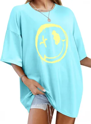 WLLW Women's Drop Shoulder Cute Oversized Graphic Tees Loose Crewneck Half Sleeve Preppy Graphic T Shirts Tops