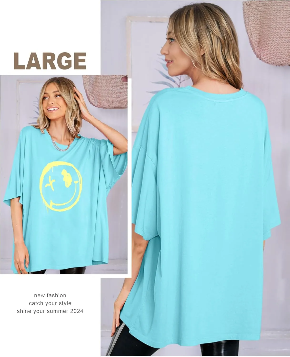 WLLW Women's Drop Shoulder Cute Oversized Graphic Tees Loose Crewneck Half Sleeve Preppy Graphic T Shirts Tops