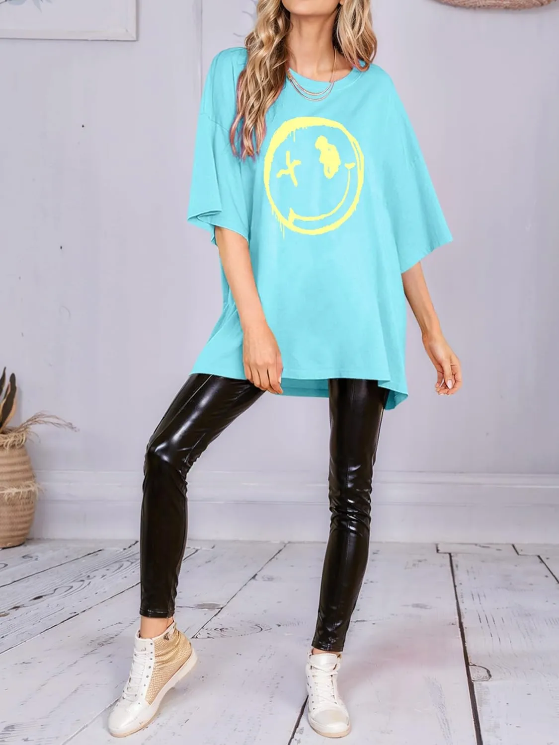 WLLW Women's Drop Shoulder Cute Oversized Graphic Tees Loose Crewneck Half Sleeve Preppy Graphic T Shirts Tops