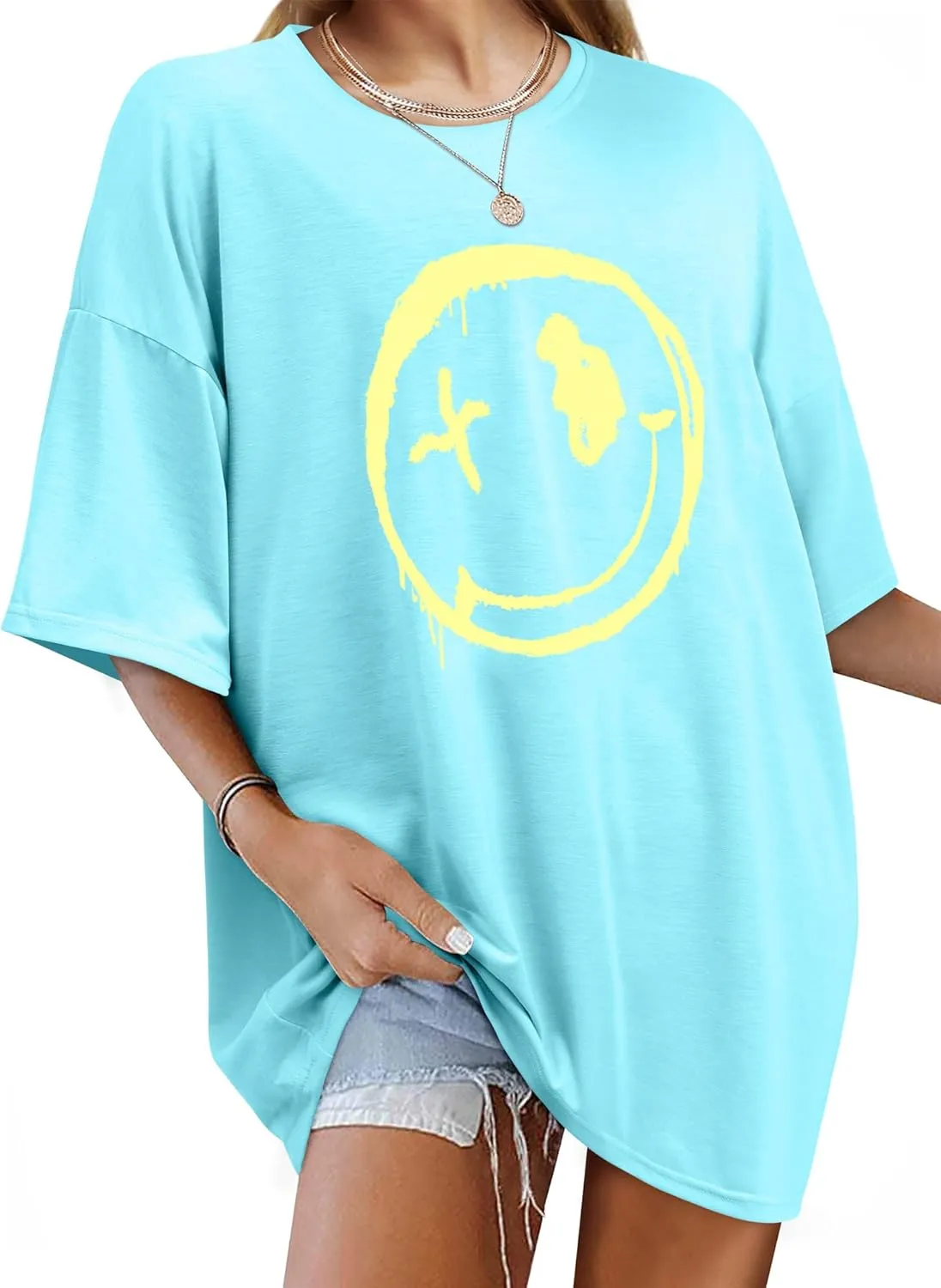 WLLW Women's Drop Shoulder Cute Oversized Graphic Tees Loose Crewneck Half Sleeve Preppy Graphic T Shirts Tops