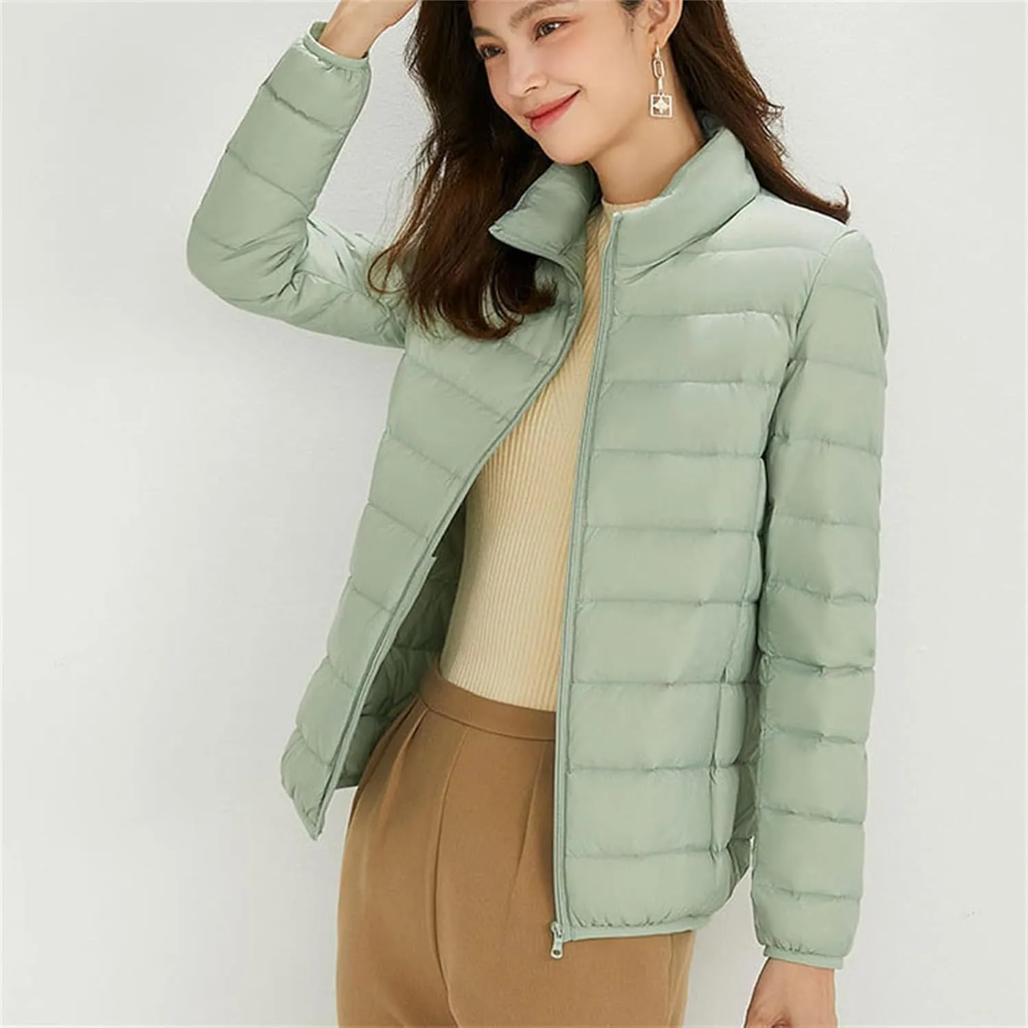 Woman Winter Coat Light Down Zipper Puffer Jacket Plus Size Long Sleeve Lightweight Coat With Pocket