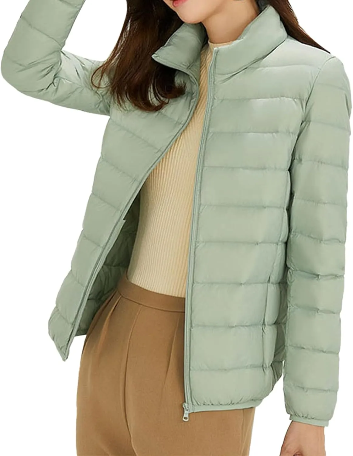 Woman Winter Coat Light Down Zipper Puffer Jacket Plus Size Long Sleeve Lightweight Coat With Pocket