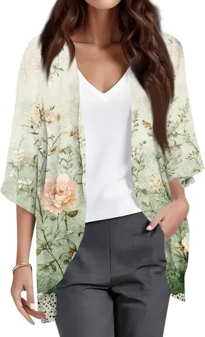 Women American Flag Lightweight Chiffon Kimono Cardigan Short Sleeve 4th of July Coverup Casual Open Front Blouse Top