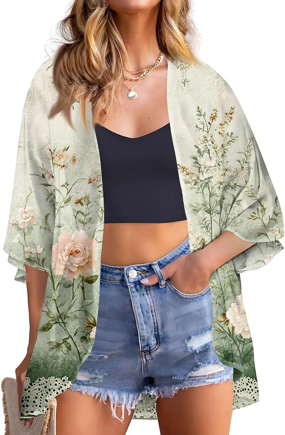 Women American Flag Lightweight Chiffon Kimono Cardigan Short Sleeve 4th of July Coverup Casual Open Front Blouse Top