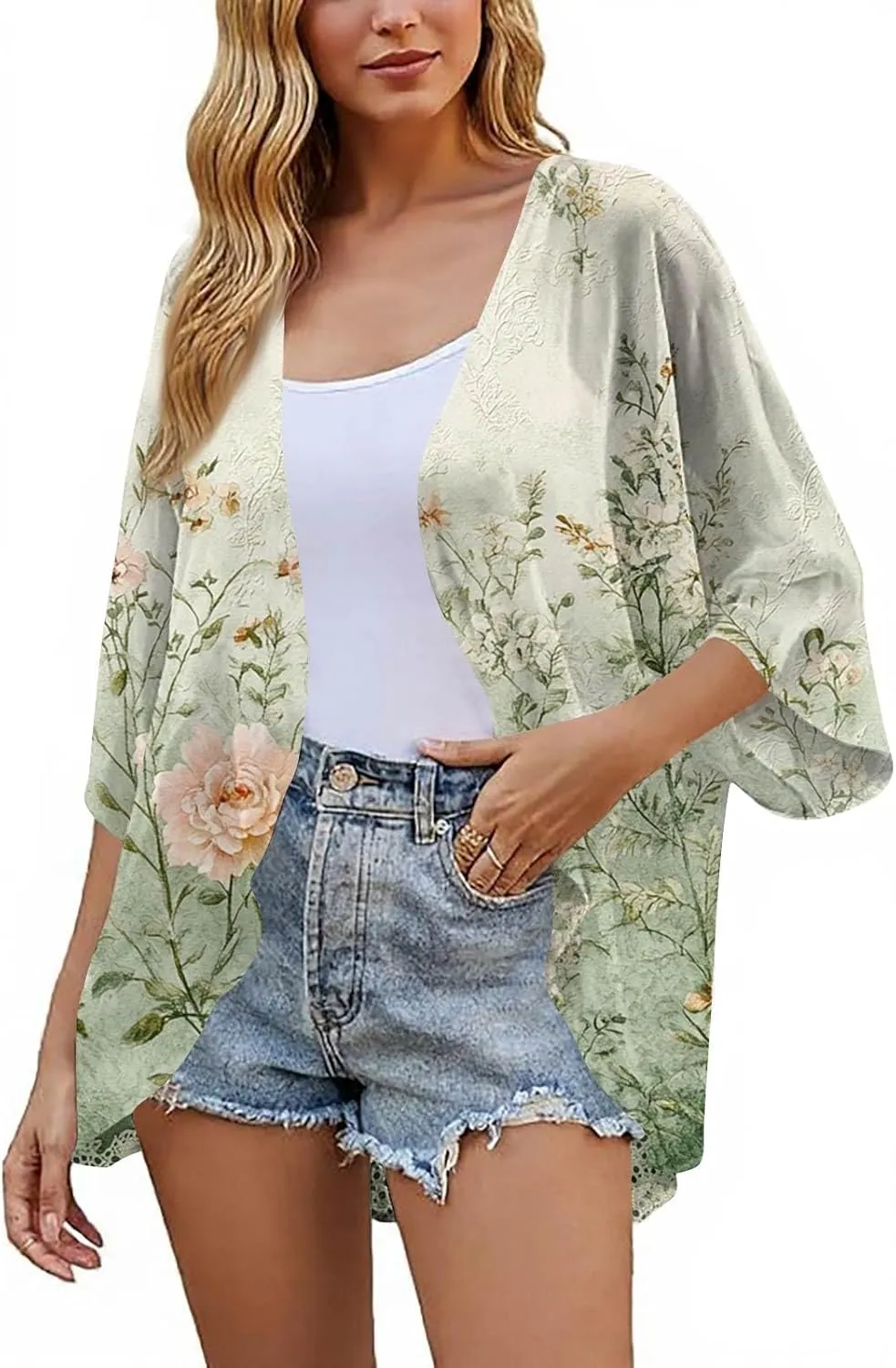 Women American Flag Lightweight Chiffon Kimono Cardigan Short Sleeve 4th of July Coverup Casual Open Front Blouse Top
