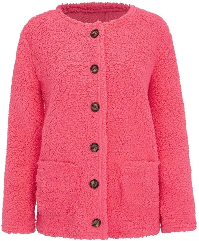 Women Casual Plus Size Plush Sweater Pockets Outerwear Buttons Cardigan Coat Hooded Lightweight Jacket for