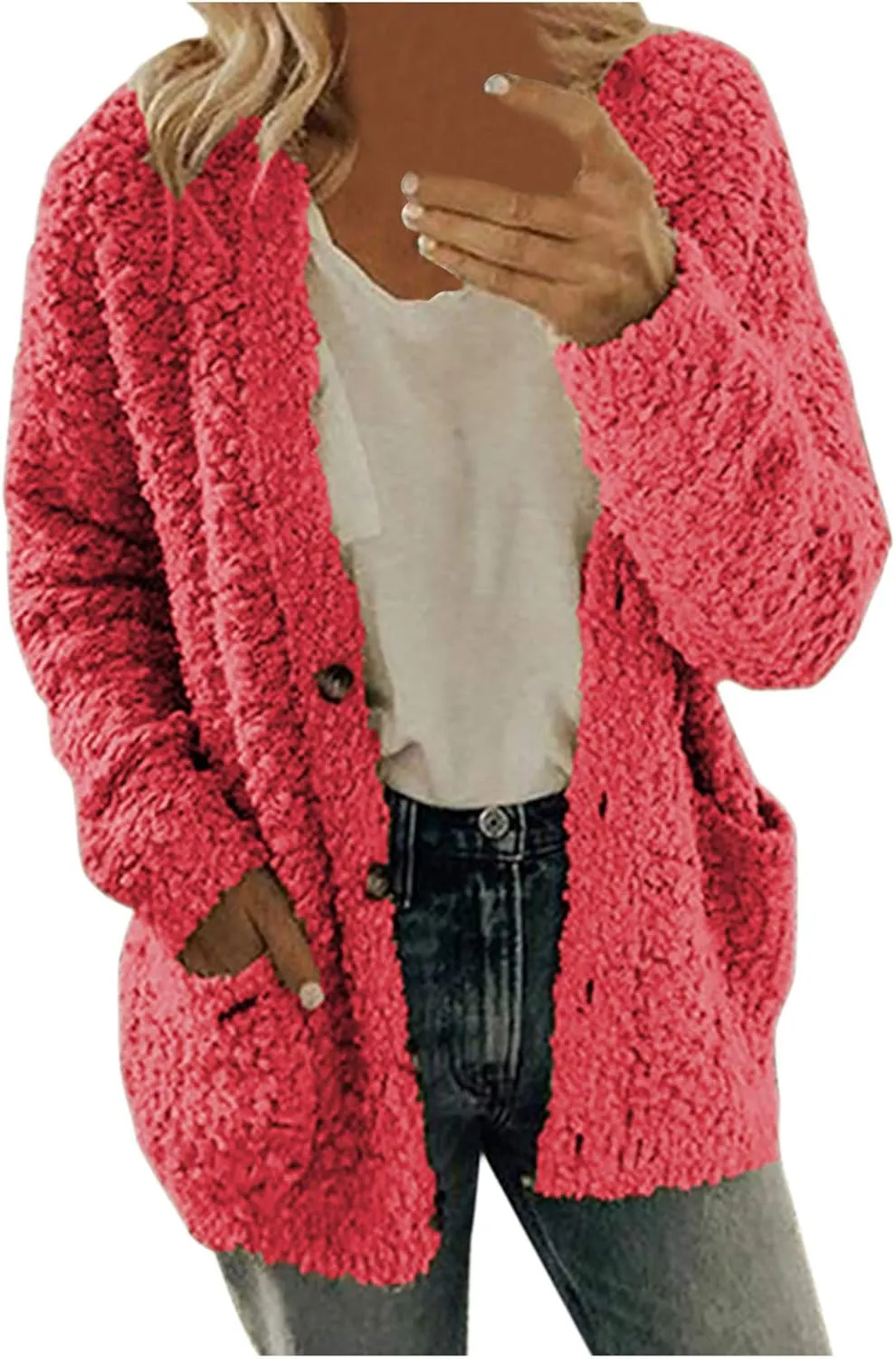 Women Casual Plus Size Plush Sweater Pockets Outerwear Buttons Cardigan Coat Hooded Lightweight Jacket for