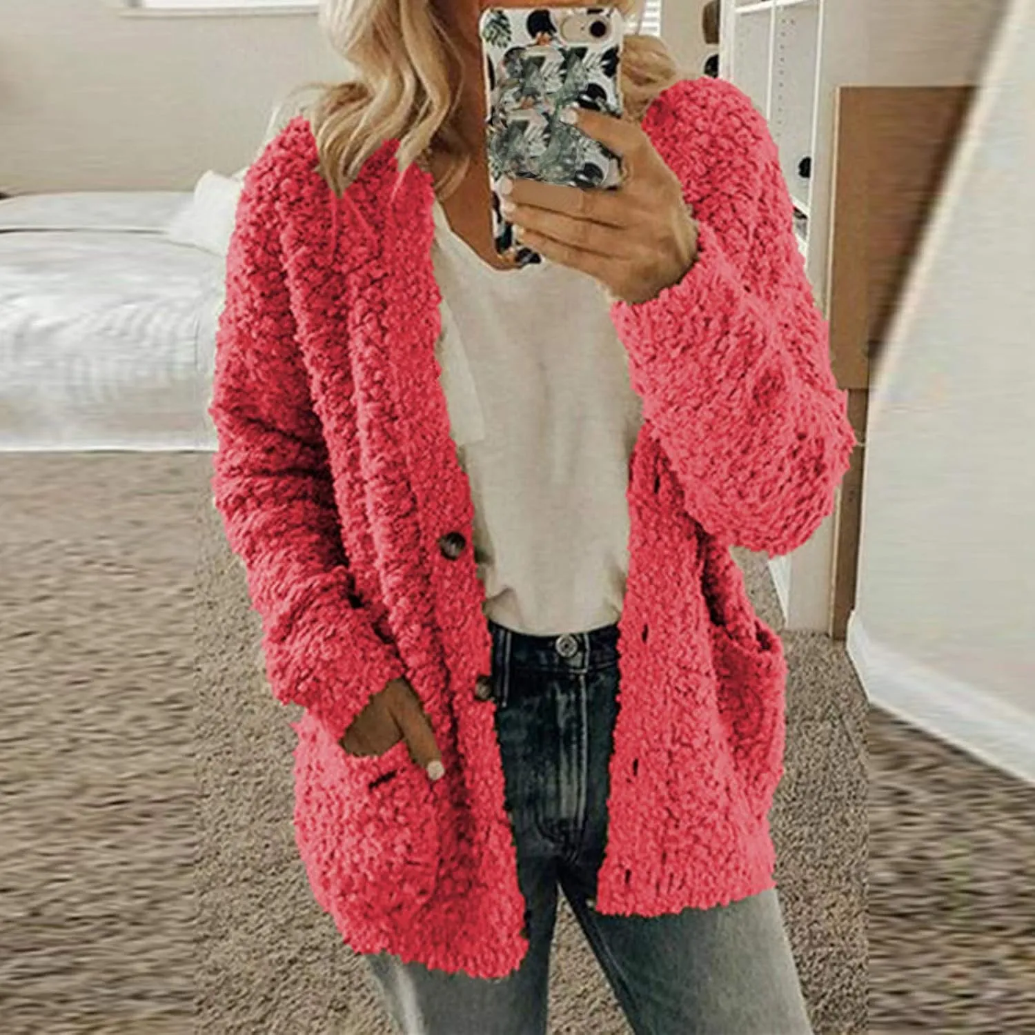 Women Casual Plus Size Plush Sweater Pockets Outerwear Buttons Cardigan Coat Hooded Lightweight Jacket for