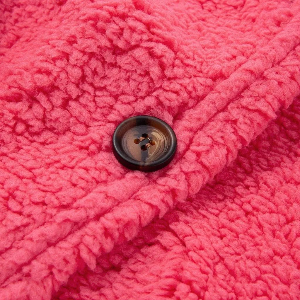 Women Casual Plus Size Plush Sweater Pockets Outerwear Buttons Cardigan Coat Hooded Lightweight Jacket for