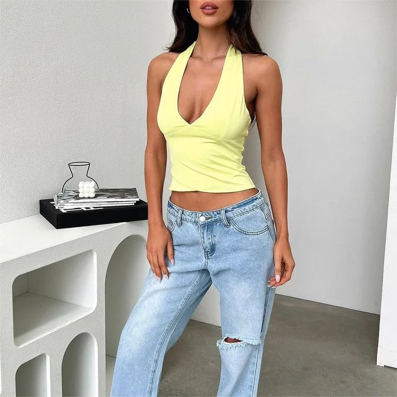 Women Deep Plunge V Neck Tops Y2k Tie Back Halter Crop Top Backless Slim Fit Going Out Top Corset Cami Tank Top