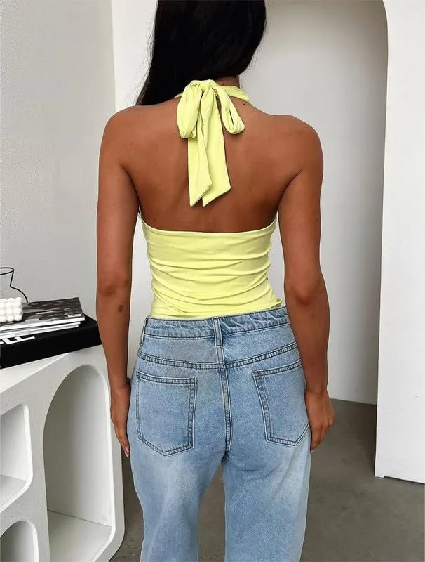Women Deep Plunge V Neck Tops Y2k Tie Back Halter Crop Top Backless Slim Fit Going Out Top Corset Cami Tank Top