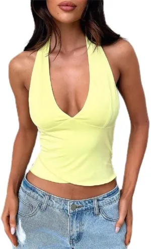 Women Deep Plunge V Neck Tops Y2k Tie Back Halter Crop Top Backless Slim Fit Going Out Top Corset Cami Tank Top