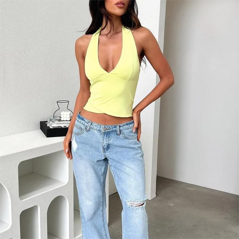Women Deep Plunge V Neck Tops Y2k Tie Back Halter Crop Top Backless Slim Fit Going Out Top Corset Cami Tank Top