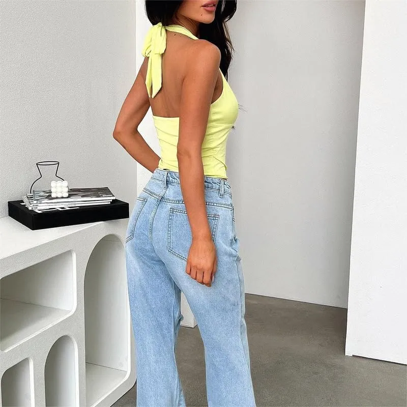 Women Deep Plunge V Neck Tops Y2k Tie Back Halter Crop Top Backless Slim Fit Going Out Top Corset Cami Tank Top