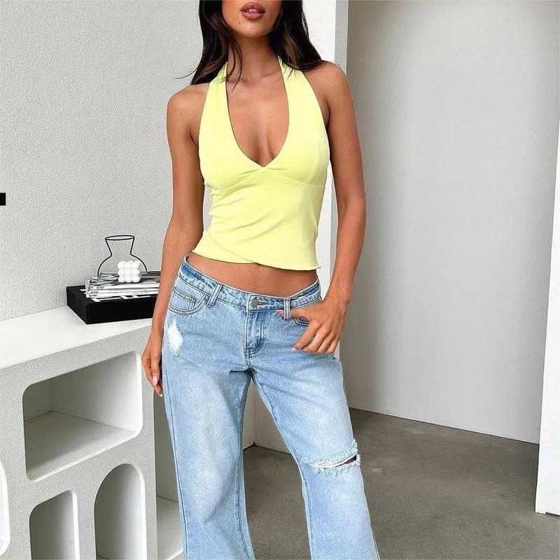 Women Deep Plunge V Neck Tops Y2k Tie Back Halter Crop Top Backless Slim Fit Going Out Top Corset Cami Tank Top