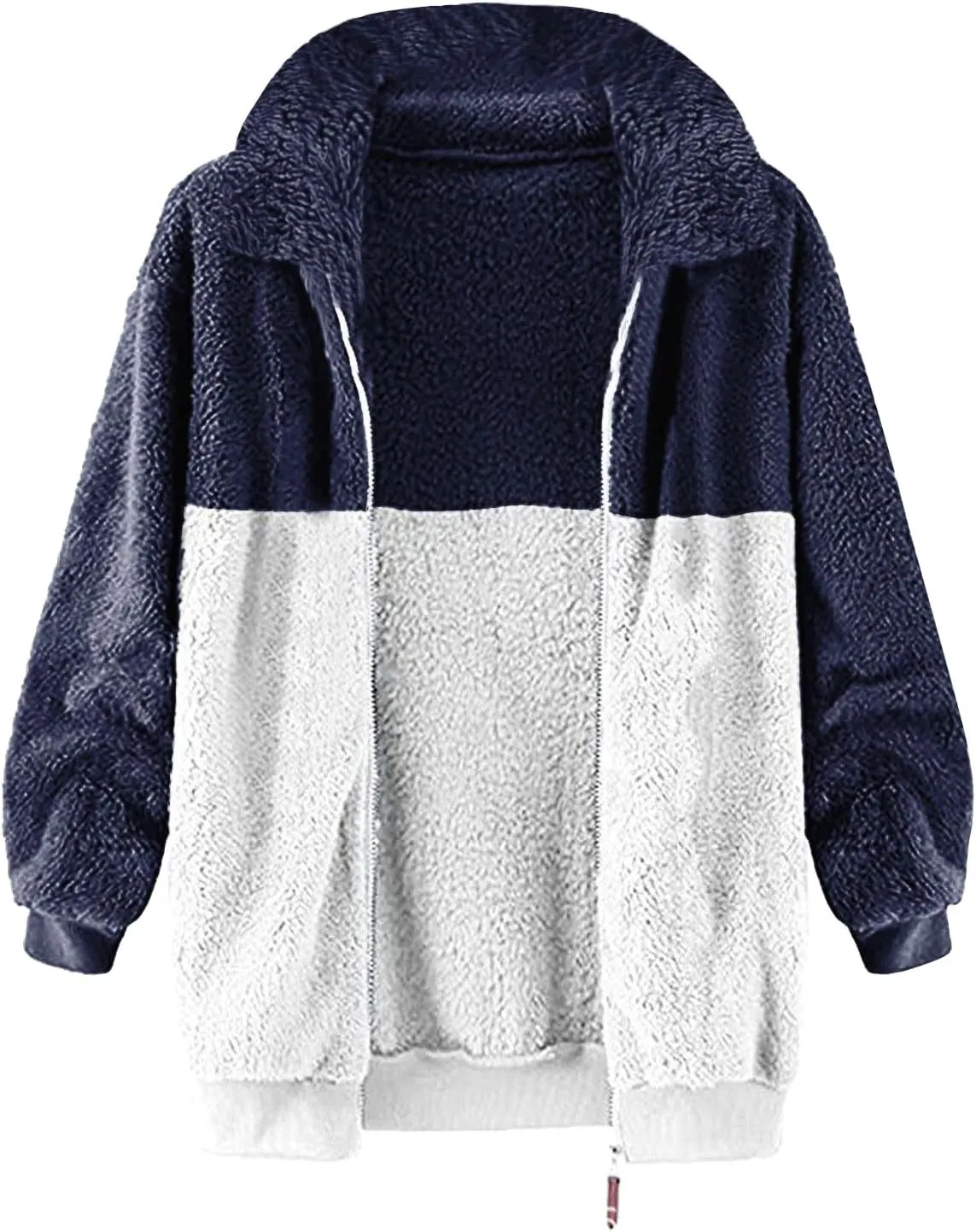 Women Fuzzy Fleece Jacket Plus Size Fall Winter Coat Zipper Warm Color Block Turn Down Collar Lightweight Outerwear