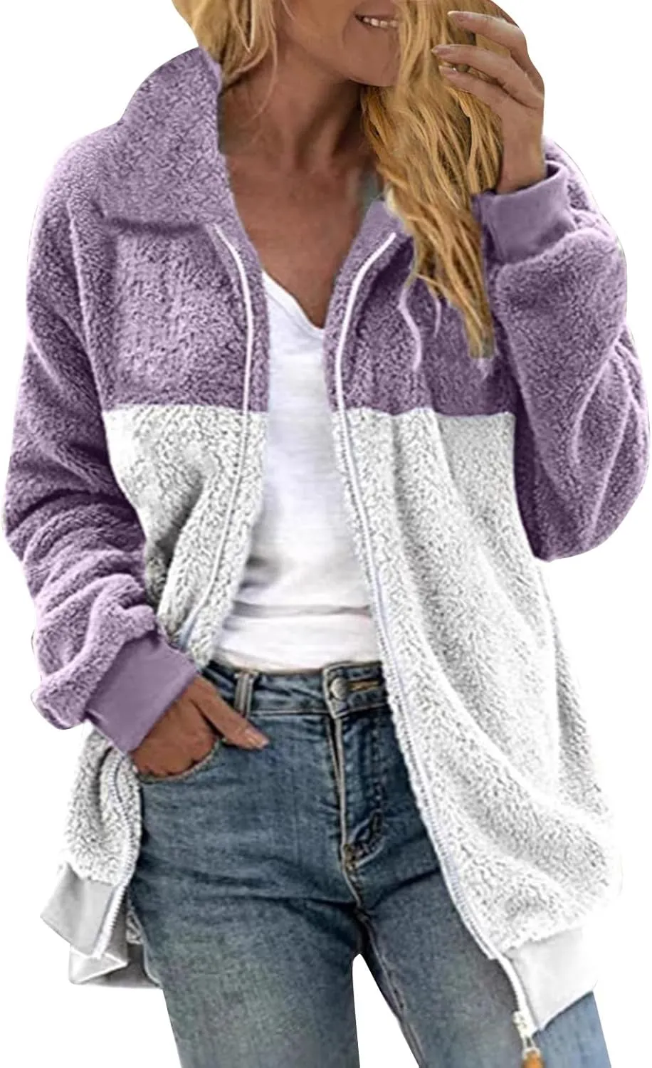Women Fuzzy Fleece Jacket Plus Size Fall Winter Coat Zipper Warm Color Block Turn Down Collar Lightweight Outerwear