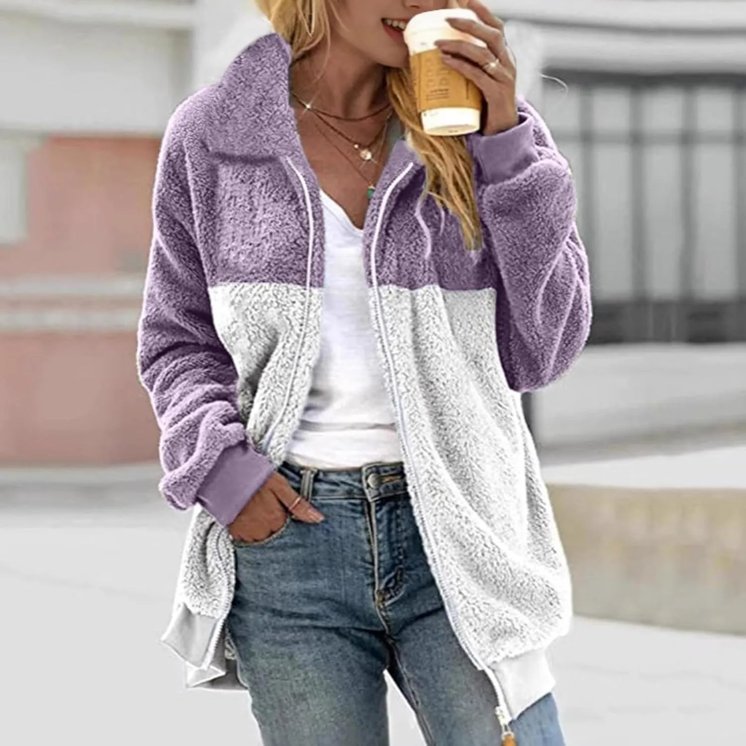 Women Fuzzy Fleece Jacket Plus Size Fall Winter Coat Zipper Warm Color Block Turn Down Collar Lightweight Outerwear