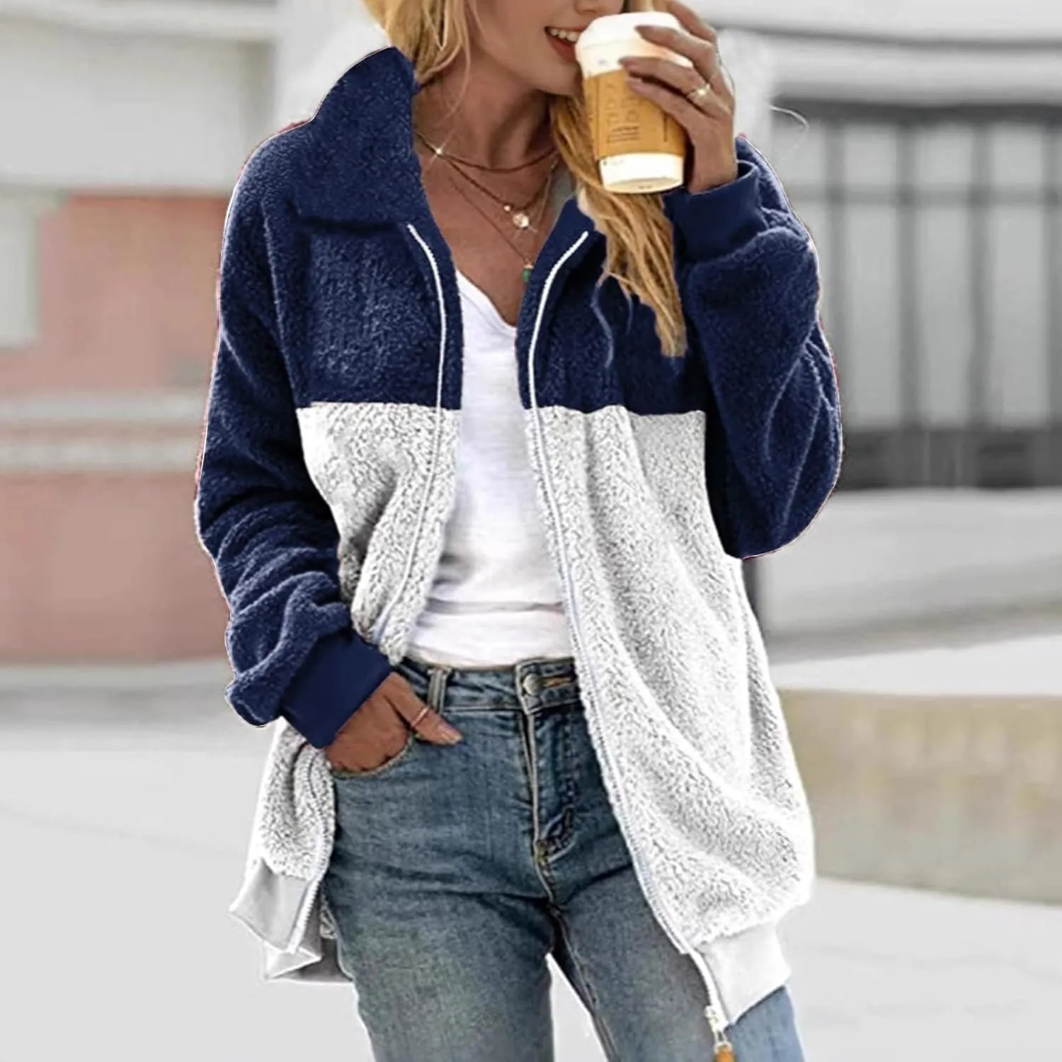 Women Fuzzy Fleece Jacket Plus Size Fall Winter Coat Zipper Warm Color Block Turn Down Collar Lightweight Outerwear