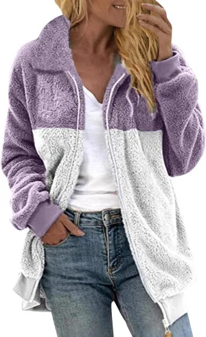 Women Fuzzy Fleece Jacket Plus Size Fall Winter Coat Zipper Warm Color Block Turn Down Collar Lightweight Outerwear