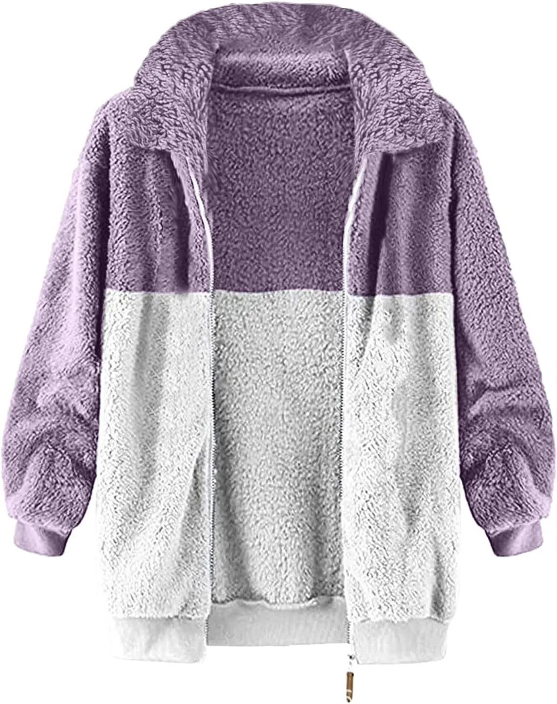 Women Fuzzy Fleece Jacket Plus Size Fall Winter Coat Zipper Warm Color Block Turn Down Collar Lightweight Outerwear