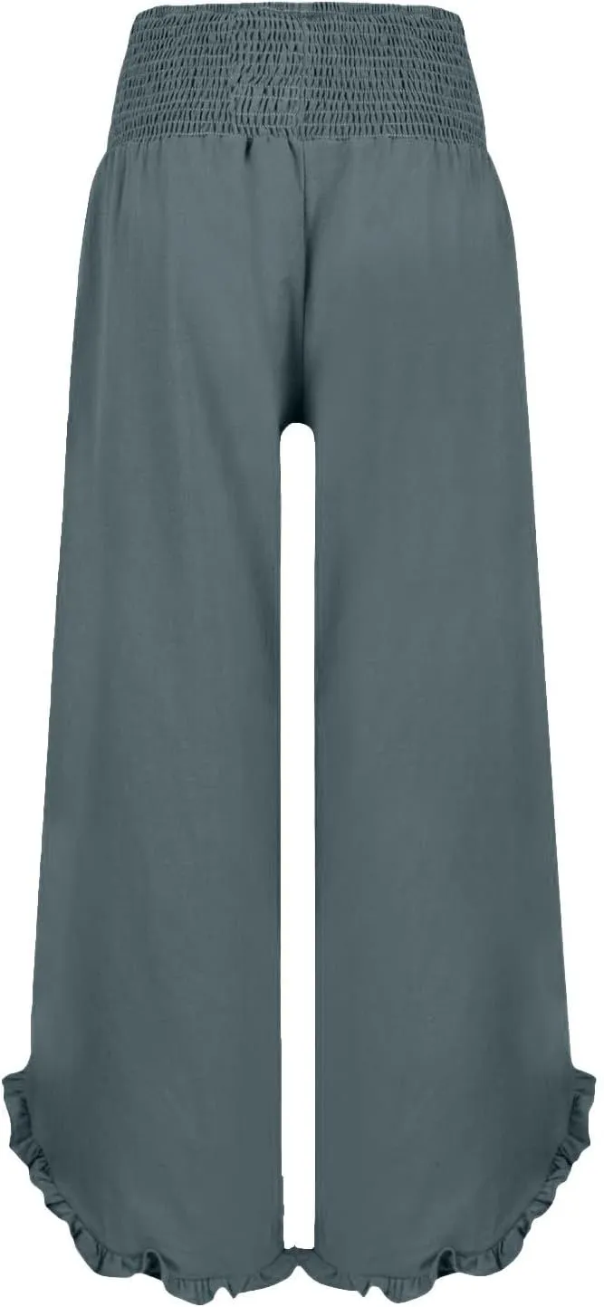 Women Oversized Elastic High Waist Linen Pants Smocked Waist Straight Leg Ruffle Hem Trousers Beach Flowy Casual Pant
