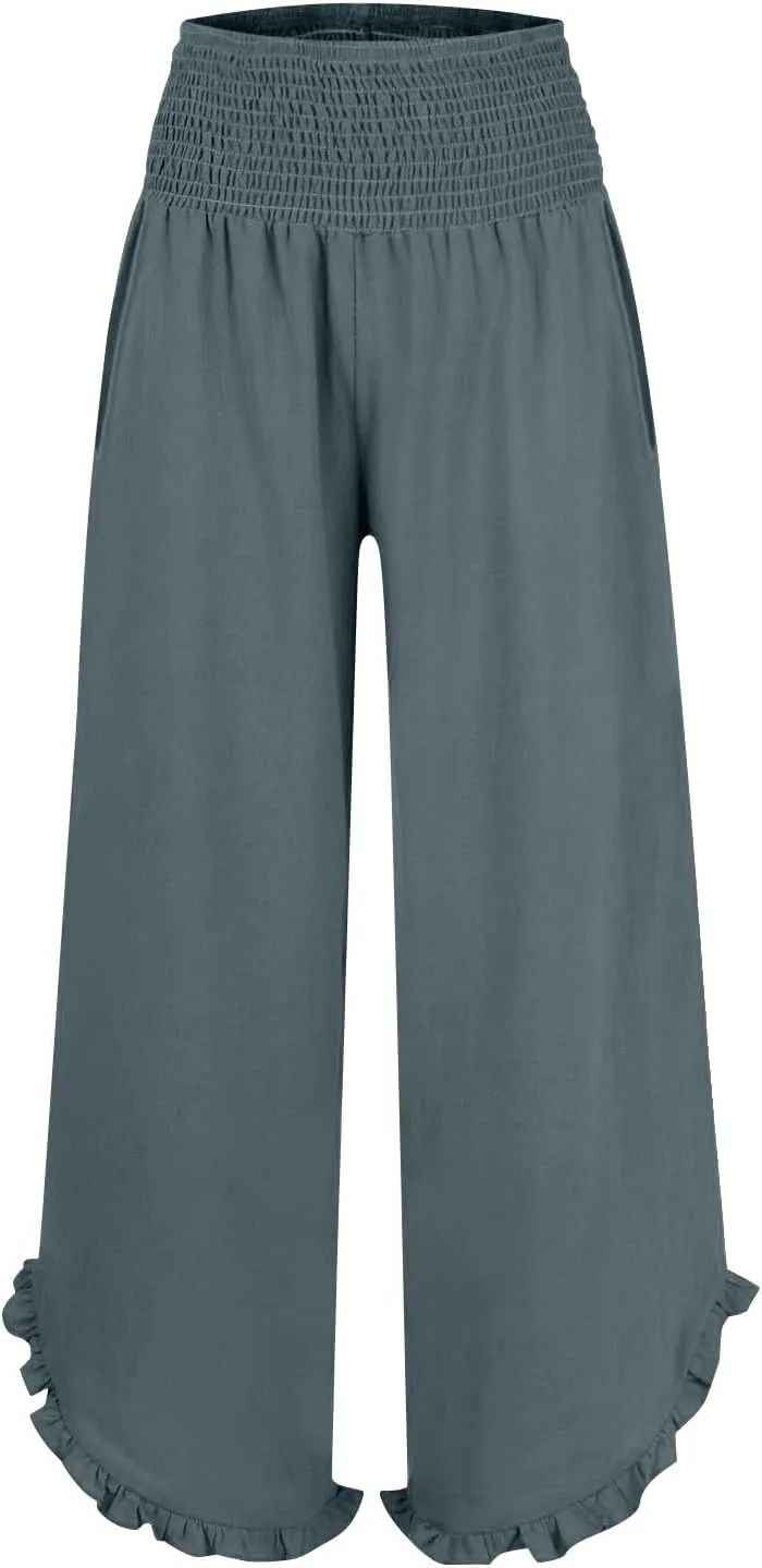 Women Oversized Elastic High Waist Linen Pants Smocked Waist Straight Leg Ruffle Hem Trousers Beach Flowy Casual Pant