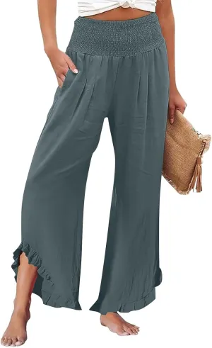 Women Oversized Elastic High Waist Linen Pants Smocked Waist Straight Leg Ruffle Hem Trousers Beach Flowy Casual Pant