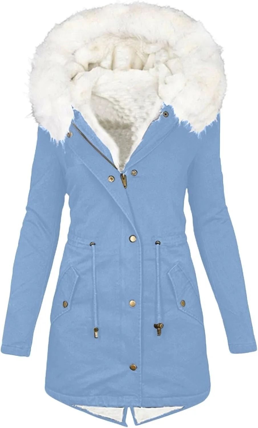 Women Parka Faux Pea Coat Sherpa Fleece Lined Distressed Jackets Thicken Warm Casual Outerwear Fuzzy Trench Coat