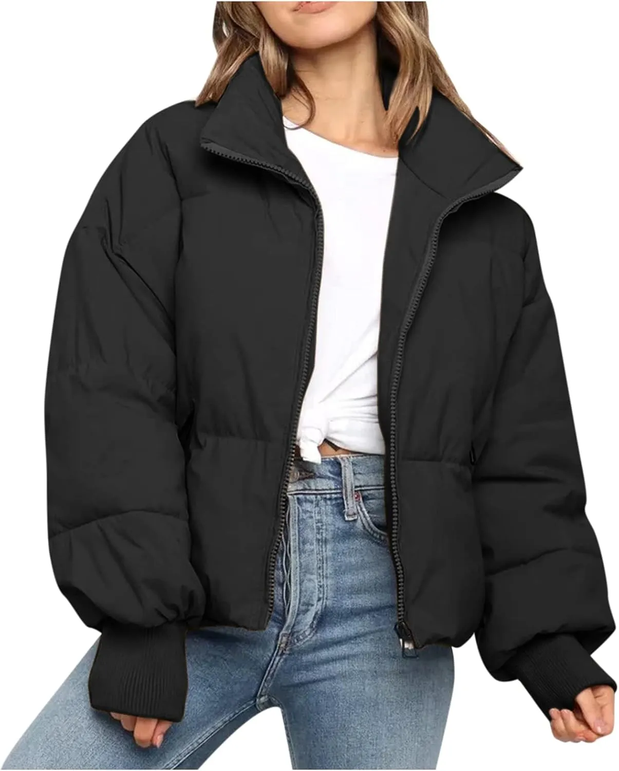 Women' s Winter Cropped Quilted Puffer Jacket Warm Down Coats Lightweight Oversized Zip Stand Collar Casual Outerwear