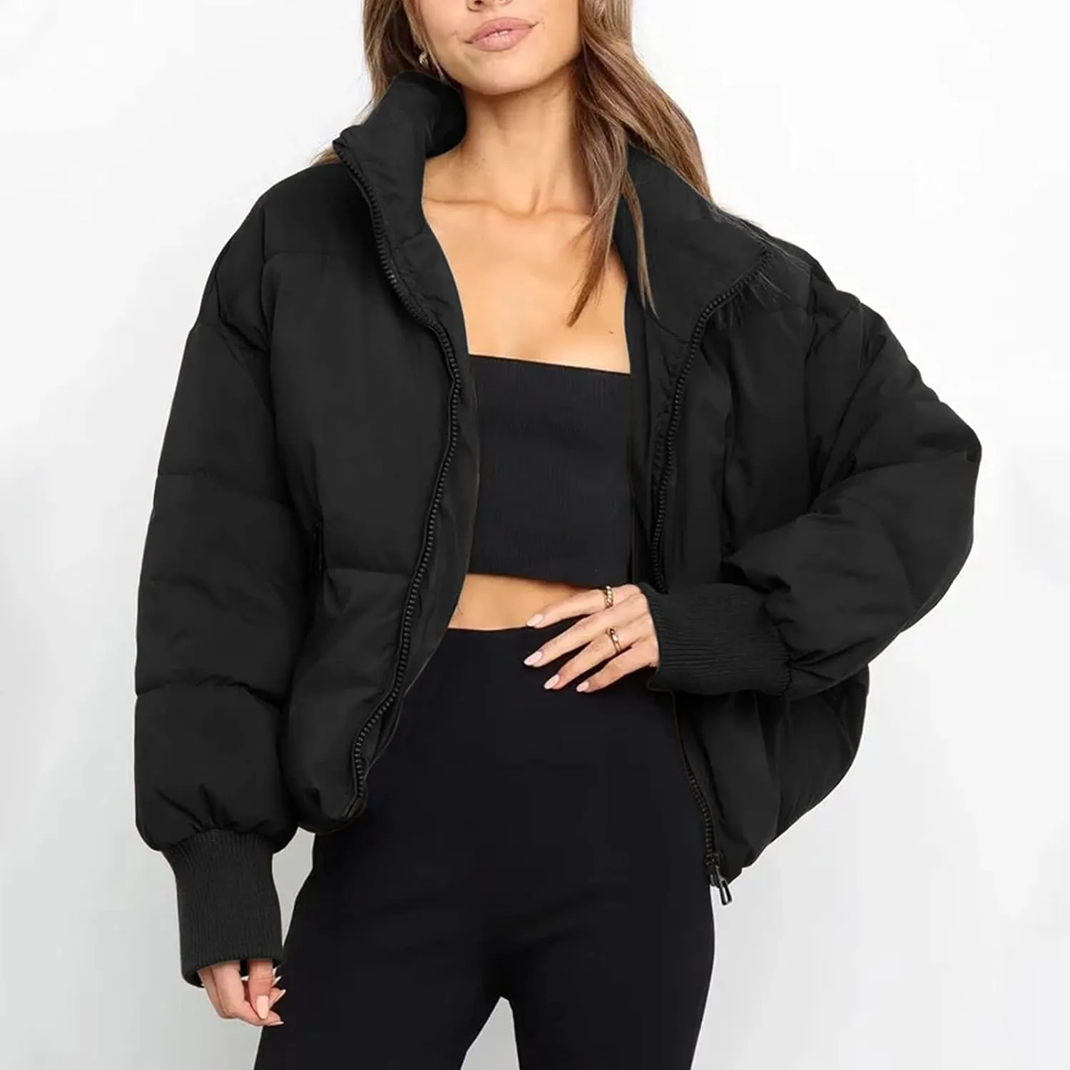 Women' s Winter Cropped Quilted Puffer Jacket Warm Down Coats Lightweight Oversized Zip Stand Collar Casual Outerwear