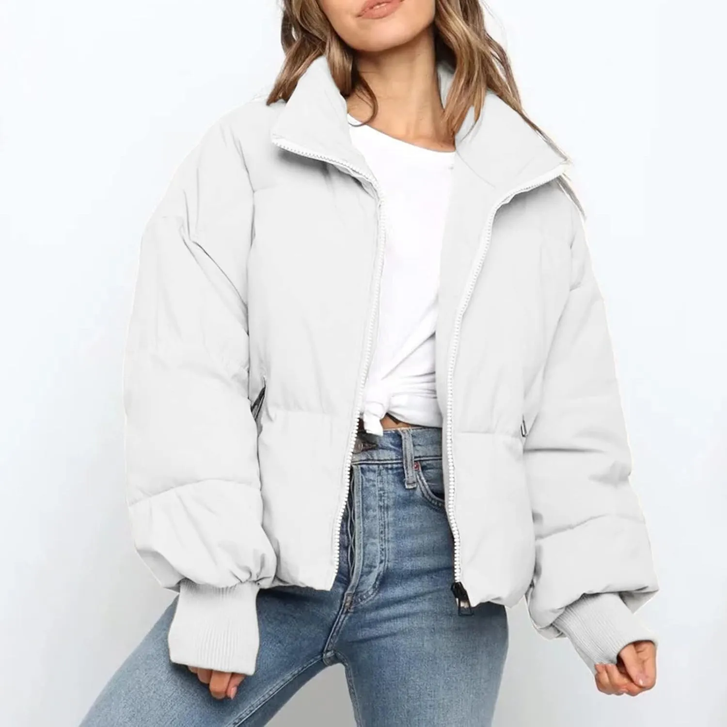 Women' s Winter Cropped Quilted Puffer Jacket Warm Down Coats Lightweight Oversized Zip Stand Collar Casual Outerwear