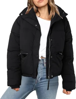 Women' s Winter Cropped Quilted Puffer Jacket Warm Down Coats Lightweight Oversized Zip Stand Collar Casual Outerwear