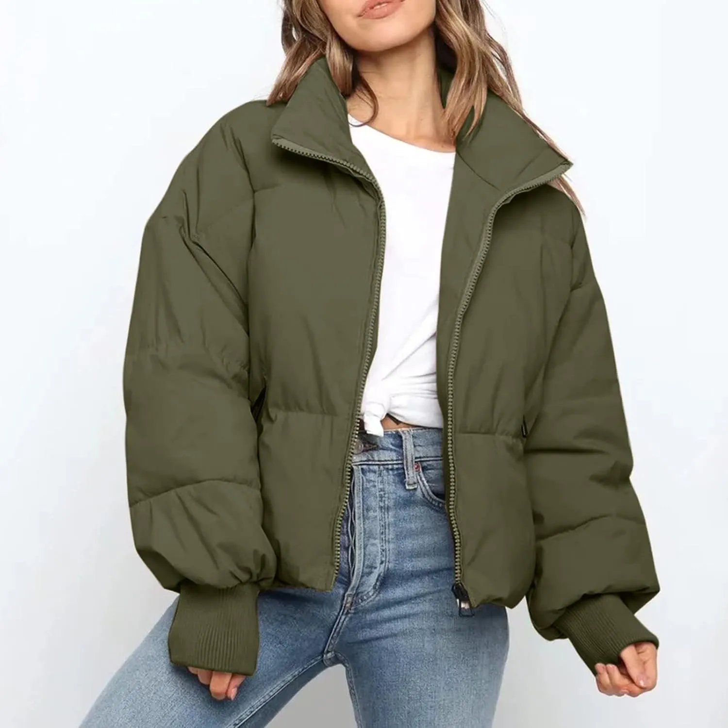 Women' s Winter Cropped Quilted Puffer Jacket Warm Down Coats Lightweight Oversized Zip Stand Collar Casual Outerwear